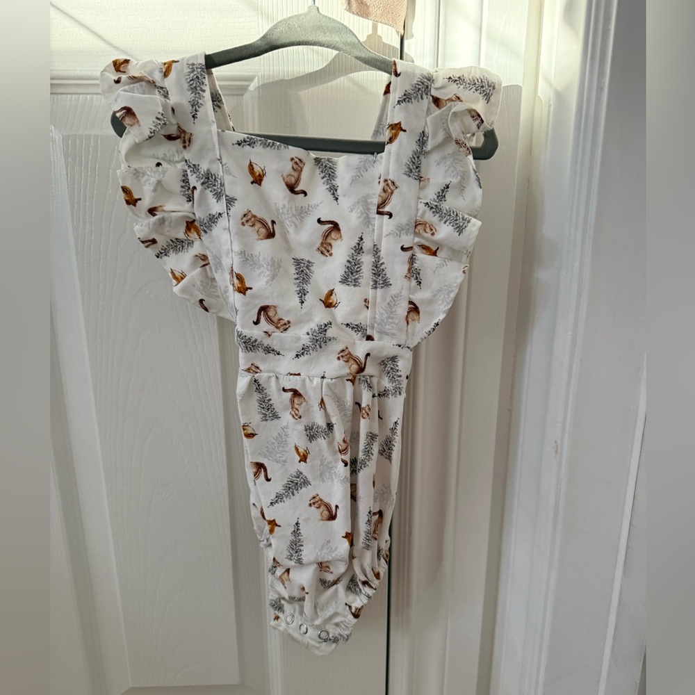 White Ruffled Baby Romper with Squirrels & Pine Tree Print
